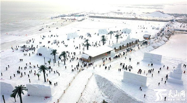 游客在新疆博斯騰湖大河口（西海漁村）景區(qū)欣賞雪雕